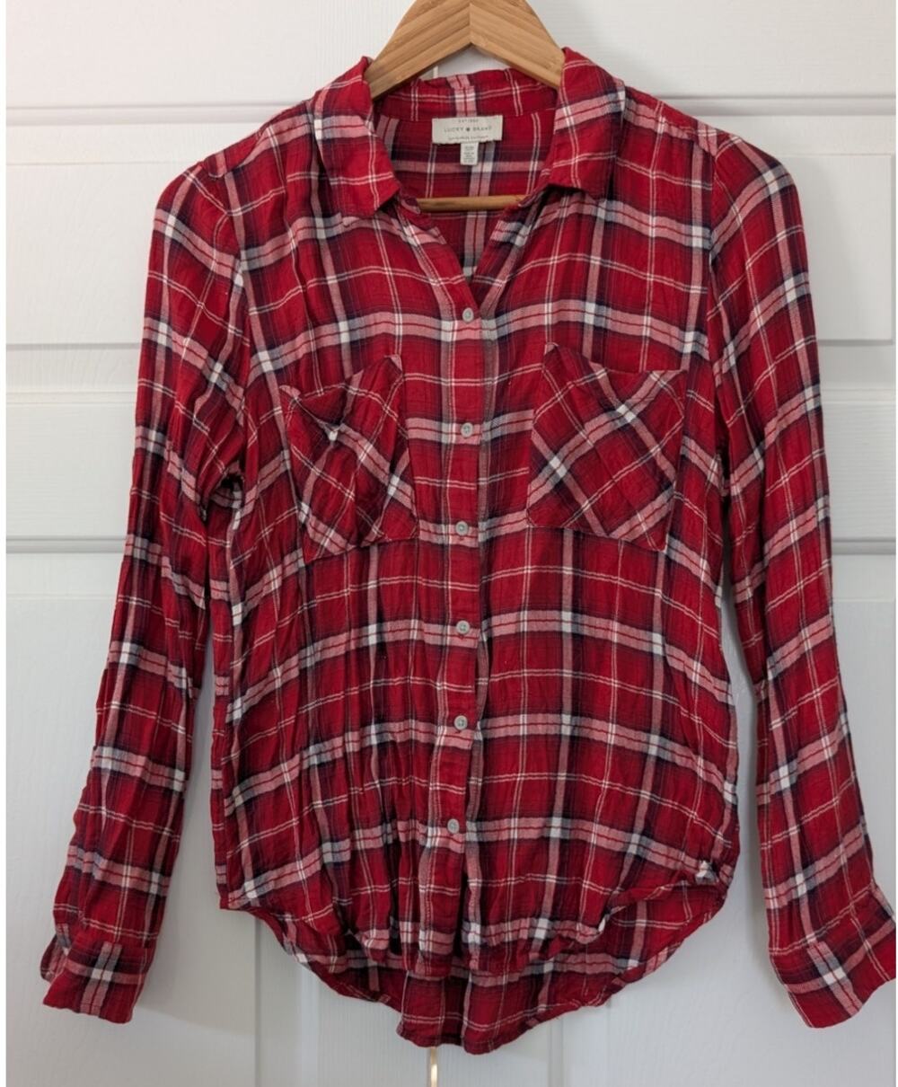 Lucky Brand Red Plaid Modal Viscose Button Down Shirt